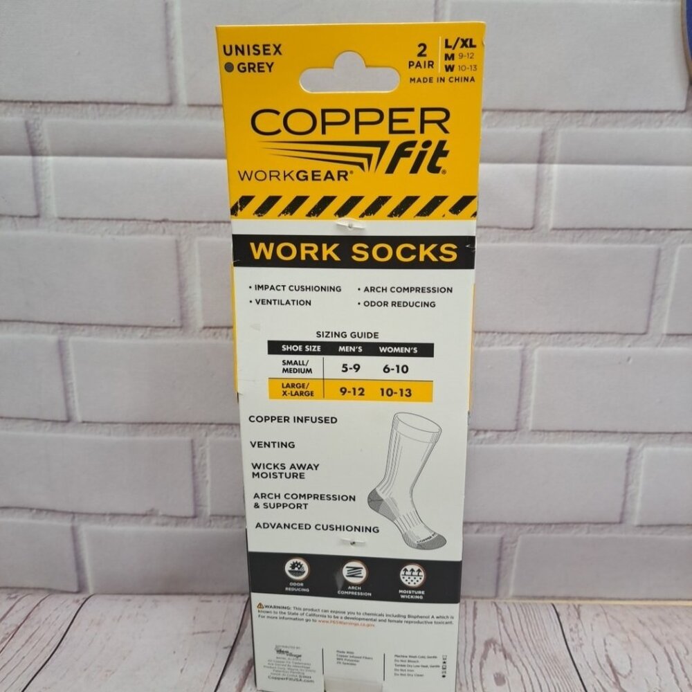 2 Pair Copper Fit Crew Length Work Socks Size L/XL (M 9-12 W 10-13) Grey Socks - Picture 5 of 8